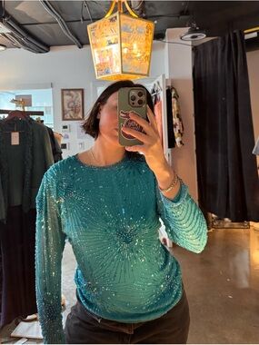 Oleg Cassini Teal Beaded Sequin Blouse